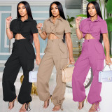 EVE Solid Color Short Sleeve Shirt And Pants 2 Piece Set MIL-L507