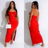 EVE Solid Wrap Chest Backless Slit Maxi Dress BY-6598