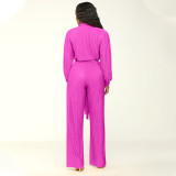 EVE Solid Pleated Long Sleeve Two Piece Pants Set(With Waist Belt) MIL-L514
