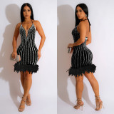 EVE Solid Hot Diamond Feather Splicing Mini Dress BY-6609