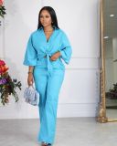 EVE Solid Color Tie Up Tops And Pants Two Piece Set LSD-1558