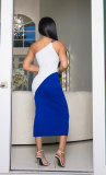 EVE Sexy Single Shoulder Contrast Color Midi Dress XHXF-379