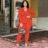 EVE Plus Size Solid Deep V Neck Two Piece Pants Set NNWF-N7916