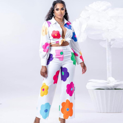 EVE Plus Size Colorful Print Long Sleeve Shirt And Pants Two Piece Set NY-10558