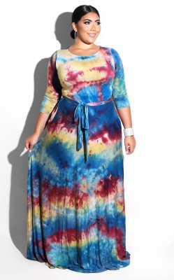 EVE Plus Size Colorful Print Dye Long Sleeve Maxi Dress NK-9027