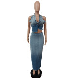 EVE Halter Backless Gradient Color Denim Skirt Set MEM-88511