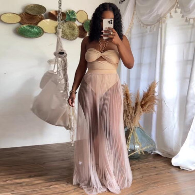 EVE Mesh See Through Long Skirt Halter Two Piece Swimsuit NY-10582