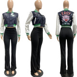 EVE Plus Size Long Sleeve Printed Rib Patchwork Baseball Jacket JPF-1089