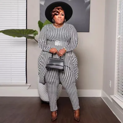 EVE Plus Size Houndstooth Print Loose Long Sleeve 2 Piece Pants Set GDNY-2245