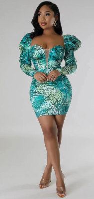 EVE Fashion Print Puffed Sleeve Slim Mini Dress XHXF-368