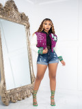 EVE Plus Size Long Sleeve Printed Rib Patchwork Baseball Jacket JPF-1089