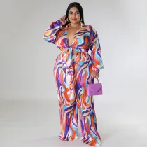 EVE Plus Size Print Deep V Neck Tie Up Two Piece Pants Set NNWF-N7918