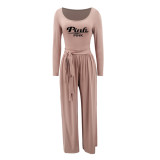 EVE Plus Size PINK Letter Print Knit Tie Up Loose Two Piece Pants Set YIM-361