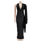 EVE Solid Color One Shoulder Long Sleeve Backless Maxi Dress BY-6649