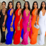 EVE Solid Color One Shoulder Long Sleeve Backless Maxi Dress BY-6649