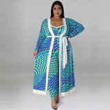EVE Plus Size Casual Print Long Sleeve Long Cardigan And Jumpsuit Two Piece Set GDAM-218290