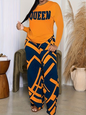 EVE QUEEN Letter Print Long Sleeve Two Piece Pants Set SH-390729