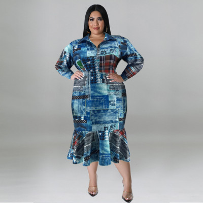 EVE Plus Size Print Lapel Neck Midi Dress GDAM-218300