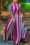 EVE Plus Size Stripe Print Long Sleeve Long Cardigan And Pants Two Piece Set GDAM-218295