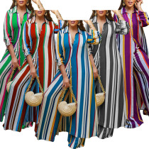 EVE Plus Size Stripe Print Long Sleeve Long Cardigan And Pants Two Piece Set GDAM-218295