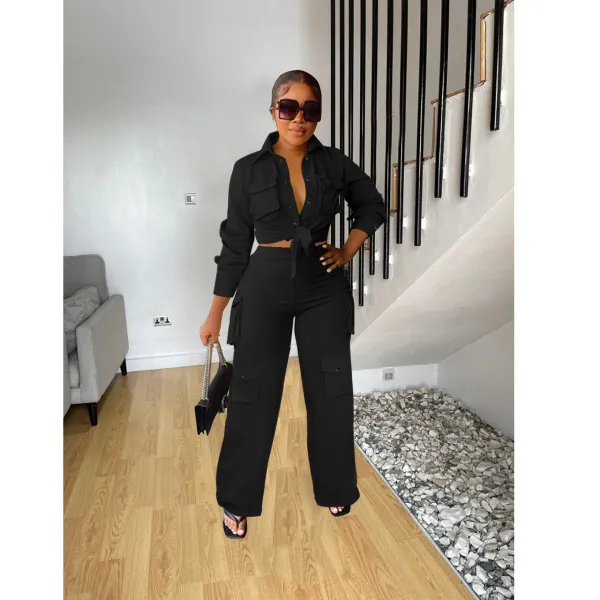 EVE Solid Color Long Sleeve Wide Leg Pants 2 Piece Set FOSF-8370