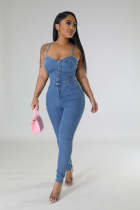 EVE Fashion Denim Backless Bandage Jumpsuit LX-3557