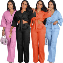 EVE Solid Color Lapel Long Sleeve Shirt Two Piece Pants Set BLX-63007