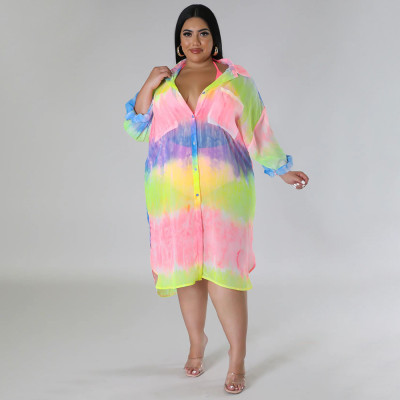 EVE Plus Size Chiffon Printed Lantern Sleeve Sunscreen Shirt NNWF-7890