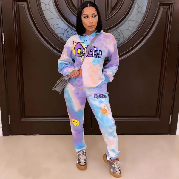 EVE Plus Size Letter Tie Dye Print Sport Two Piece Pants Set OM-1678