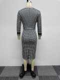 EVE Plus Size Houdstooth Print Long Sleeve Bodycon Dress NY-10599