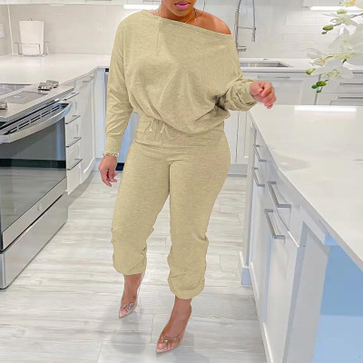 EVE Plus Size Soldi Color Casual Sweatshirt Two Piece Pants Set NY-10605