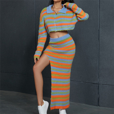 EVE Stripe Print Contrast Color High Slit Long Skirt XEF-34353