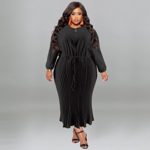 EVE Plus Size Solid Color Zipper Pleated Maxi Dress GDAM-218312