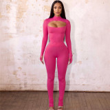 EVE Solid Sexy Hollow Out Long Sleeve Tight 2 Piece Pants Set XEF-34568