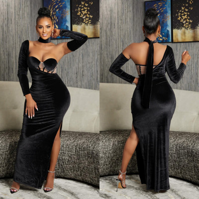 EVE Solid Color Wrap Chest Glove Evening Dress BY-6652