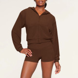EVE Solid Color Hooded Long Sleeve Two Piece Shorts Set YD-8774