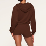 EVE Solid Color Hooded Long Sleeve Two Piece Shorts Set YD-8774