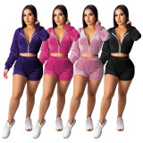 EVE Solid Color Hooded Long Sleeve Two Piece Shorts Set MUKF-MK092