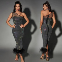 EVE One-Shoulder Mesh Hot Drill Feather Maxi Dress BY-6666