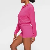 EVE Solid Color Hooded Long Sleeve Two Piece Shorts Set YD-8774