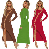 EVE Sexy Hollow Out Long Sleeve Slit Maxi Dress YD-8776