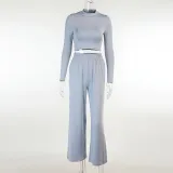 EVE Solid Long Sleeve Crop Tops And Pants Two Piece Set FL-21290