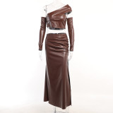 EVE One Shoulder Long Sleeve Crop Top And Split Faux Leather Half Skirt Set FL-23449