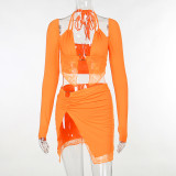 EVE Lace Long Sleeve Crop Tops And Split Skirt 2 Piece Set FL-23447