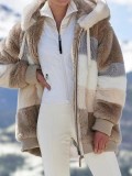 EVE Plus Size Warm Plush Patchwork Zipper Hooded Loose Jacket GOFY-80160