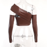 EVE One Shoulder Long Sleeve Crop Top And Split Faux Leather Half Skirt Set FL-23449