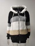 EVE Plus Size Warm Plush Patchwork Zipper Hooded Loose Jacket GOFY-80160