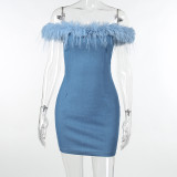 EVE One-shoulder Furry Hem Denim Mini Dress FL-23099