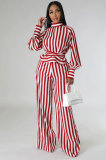 EVE Stripe Print Tie Up Long Sleeve Pants Two Piece Set XHXF-8678