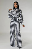 EVE Stripe Print Tie Up Long Sleeve Pants Two Piece Set XHXF-8678